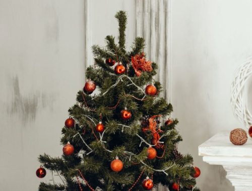 tree with red decor in white room